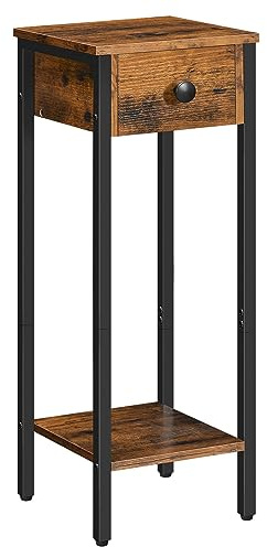 HOOBRO Slim Bedside Tables with Drawer, Small Side Table with Metal Frame, Tall Telephone Table for Small Spaces, Narrow Nightstand, Sturdy, Rustic Brown and Black EBF771BZ01