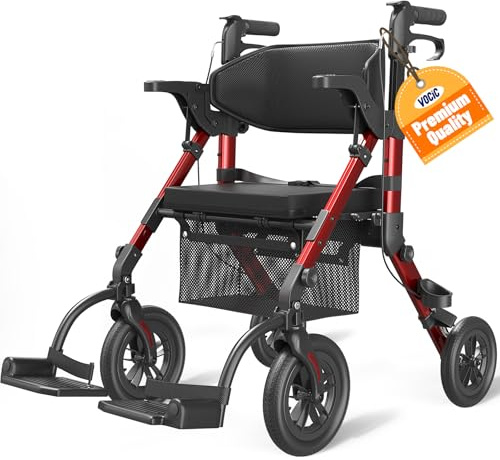 VOCIC Walkers for Seniors, Wheelchairs for Adults, Rollator Walker with Seat, 2 in 1 Rollator Transport Chair with Brakes, Rollator Lightweight Foldable, Walker Wheelchair Combo