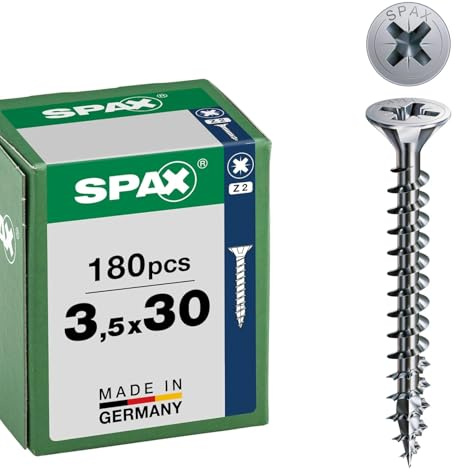 SPAX Tornillo Universal 3,5 x 30 mm, 180 pzas., Z2, Cabeza Avellanada | Tornillos para madera con punta 4CUT y rosca completa para uniones estables sin taladrado previo en interiores.
