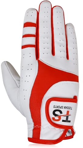Tussan Sports Golf Glove Men's Durable Premium Leather Left Hand Right All Weather Grip Golfer Gloves Non Slip Flexible Golfing (Red Edition, M, Right)