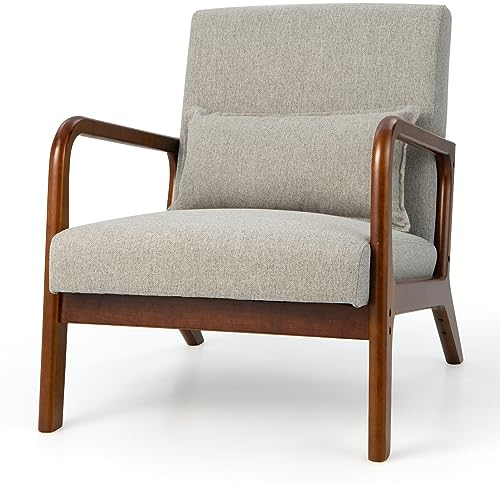 RELAX4LIFE Loungesessel Gepolstert, Akzentstuhl mit Massivholzrahmen, Relaxsessel mit Kissen Rückenlehne Armlehnen, bis 200 kg belastbar, Polstersessel für Wohnzimmer Schlafzimmer Büro (Grau)