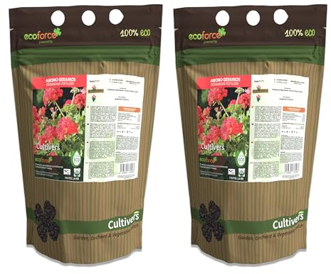 CULTIVERS Abono Geranios y Plantas con Flor 2x1kg Ecológico. Fertilizante Bio Potencia la Floración y Aroma de Las Flores. Origen 100% orgánico y Vegano