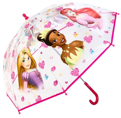 Disney Princess Kid Clear Dome Umbrella with Transparent See-Through Canopy | Lightweight & Windproof School Rain Children's Character Umbrellas for Boys & Girls | with Safety Opening