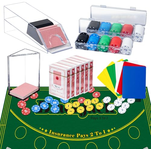 Entertainment Casino Game Set,Blackjack,Texas Hold'em,Poker Card Kit with Card Dealing Shoe,Discard Tray,200 Chips,6 Deck Card,Double-sided felt（Green）,10 Cut Cards,Poker Set,Blackjack Table Set