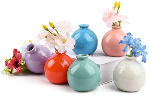 Set di 6 vasi in ceramica e fiori artificiali, set di vasi colorati per la decorazione della tavola, per feste di nozze, decorazione della tavola della casa (bocca della bottiglia da 1,5 cm)