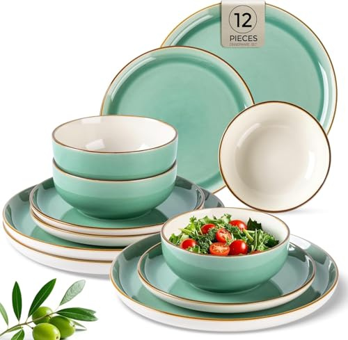 GBHOME Dinner Set for 4, Handmade 12 Piece Stoneware Plates and Bowls Set, Reactive Glaze Chip and Scratch Resistant Dinnerware Set, Dishwasher & Microwave Safe