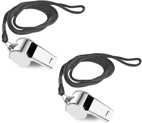 iJiZuo 2 Pack Stainless Steel Whistle, Metal Referee Whistle with 41cm Lanyard, Stainless Sports Whistles for Outdoor Activities, Referees, Coaches, Lifeguards, Soccer, Basketball-Silver