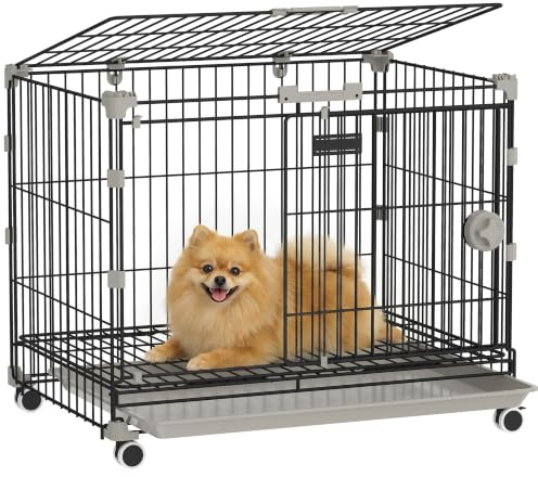PawHut Cage pour Chien Plateau Amovible Moyens Chiens 60,5x45,5x54,5cm Noir | Roues avec Freins, Toit Ouvrant Verrouillable, Niche Chien Interieur, pour Petits Chiens