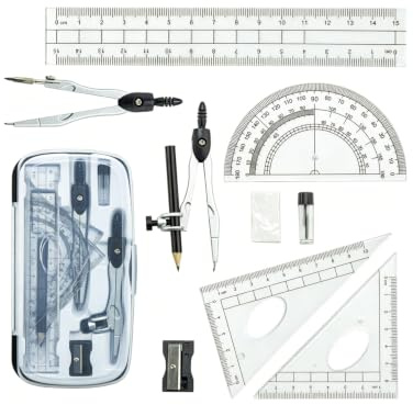 YIPFEN Kit Matemáticas 10 Piezas, Set Material Escolar Completo con Compás Escolar, Escuadra y Cartabón, Estuche Blando Negro Organizado para Dibujo Técnico Preciso