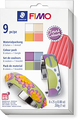 STAEDTLER 8023 C8-1P FIMO Soft Oven-Hardening Polymer Modelling Clay - Assorted Trend Colours (Pack of 12 x 25g Half Blocks & 1 Bangle)
