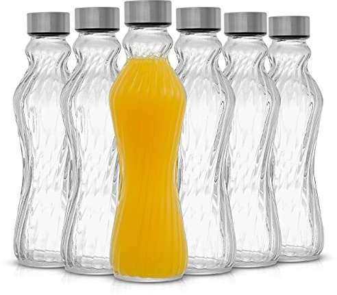 JoyJolt Fluted Glass Water Bottles Set of 6-18 oz Glass Bottles with Stainless Steel Leakproof Lids
