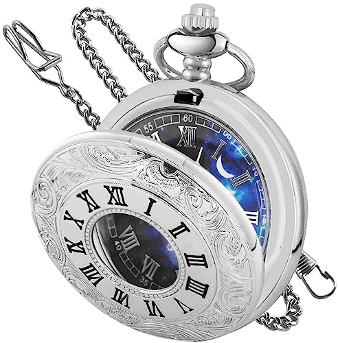 Tiong Taschenuhr, hohl, römische Ziffern, Vintage, Blau, Sternenhimmel, Quarz, Taschenuhren mit Kettenanhänger für Männer und Frauen, CF2007-Silber, Retro