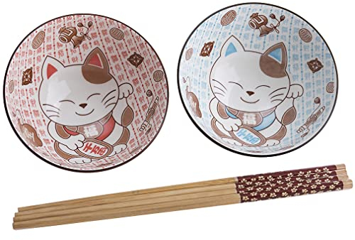 Lachineuse - 2er-Set japanischen Katze-Schalen ⌀ 11,5 cm - Maneki Neko Glückskatze - Reisschalen, Frühstück & Suppe - 2 Paar Essstäbchen - Asiatische Schale Japan Asien - Geschenk japanisches Geschirr