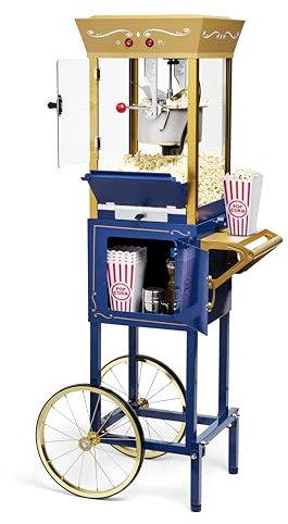 Nostalgia Popcorn Maker Machine - Professional Cart With 8 Oz Kettle Makes Up to 32 Cups - Vintage Popcorn Machine Movie Theater Style - Popcorn Stand Cart With Wheels - Navy/Gold