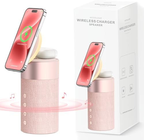 COLSUR Bluetooth Lautsprecher, Magnetic Kabelloses Ladegerät, Bluetooth Lautsprecher mit Nachtlicht, 3-in-1 Magnetisches Wireless Charger für iPhone 17/16/15/14/13/12 Serie, AirPods Pro/4/3/2-Rosa