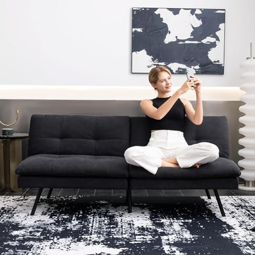 Hcore Polyester Memory Foam Convertible Futon Sofa Bed, Small Splitback Loveseat, 68 L x 32.3 W x 30.7 H, Black