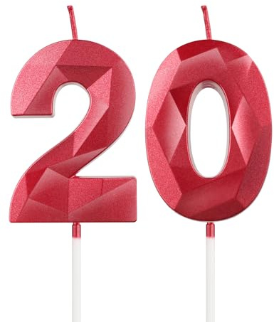 mciskin Red 20th Birthday Candles, 3D Number 20 Candles for Cake, Girls Boys 20th Birthday Decorations,Pearl Red Candle Cake Topper Decorations for Birthday Party Weddings Anniversary Supplies
