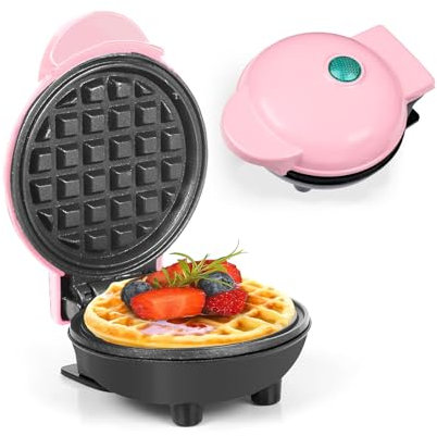 AHDXKUE Mini Waffle Maker Non-Stick Waffle Iron Machine, Mini Pancake Maker with Power/Ready Indicator Light Waffle Maker for Waffles, Sweet/Savoury Snacks Desserts, Pink
