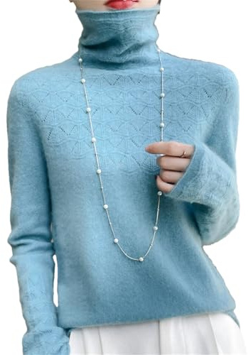 Vsadsau Suéter de cuello alto de lana merino 100 % para mujer, suéter de punto hueco de manga larga