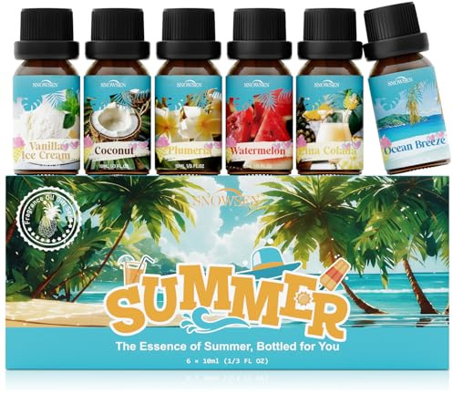 SNOWSEN Summer Fragrance Oil Set, Tropical Essential Oil for Diffuser, Scented Oils for Soap Making, Candle DIY,Spray, Slime Scent, Includes Plumeria, Watermelon, Coconut, Ocean Breeze and More