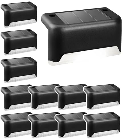 Solpex Solar Deck Lights, 12 Pack Solar Step Lights for Outdoor, Waterproof for Outdoor Stairs, Steps, Fence, Yard, Patio, Gutter, Pathway, Decoration(Black, Cold White)