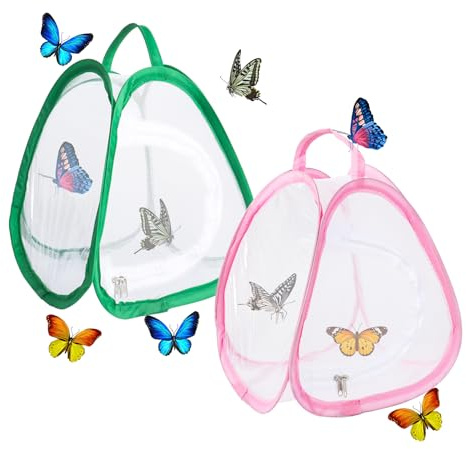 2Pcs Butterfly Mesh Cage for Kids Pop Up Insect Butterfly House with Zipper, Portable Butterfly Habitat Cage Enclosure for Beginners(Pink, Green)