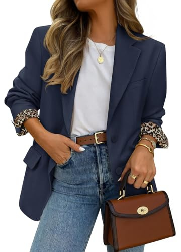 ZESICA Womens Fall Business Casual Open Front Button Blazer Navy M