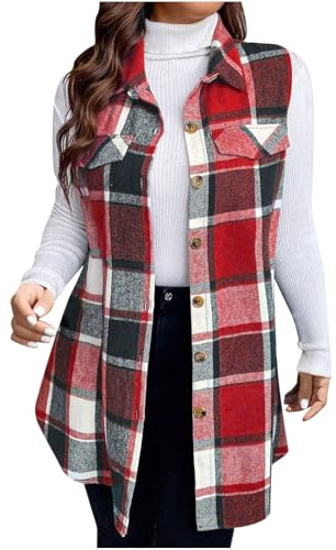 Long Vest for Women Sleeveless Womens Flannel Plaid Vest Tops Trendy Long Sleeveless Button Down Shirts Jackets Casual Fall Checkered Shacket Coat Red L
