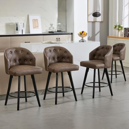 KHISCHMO Lot de 4 Tabourets de Bar Modernes Pivotants Style Mid-Century avec Dossier et Pieds en Bois – Chaises de Comptoir Hauteur 66 cm Rembourrées en Cuir pour Cuisine et Maison, Marron