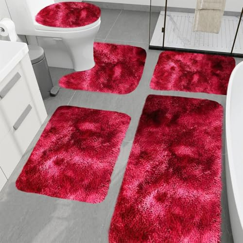 YongXinMY Set di 5 tappeti da bagno shaggy, in microfibra, morbidi e spessi, assorbenti, antiscivolo, a forma di U, per bagno, doccia, vasca, lavandino (rosso)