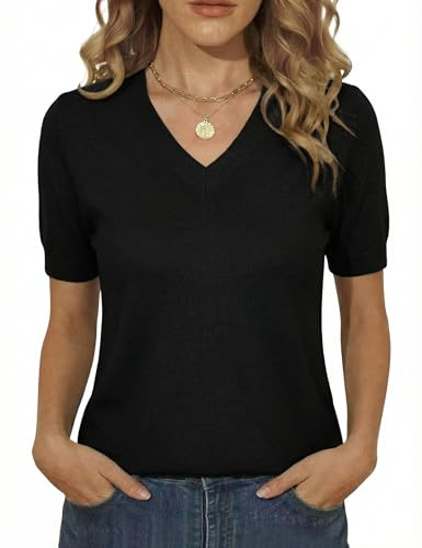 Totatuit Pull Femme Manches Courtes Col V Top Tricoté Coupe Cintrée Haut | Style Élégant, Tenue Quotidienne, Facile à Associer, Style Polyvalent