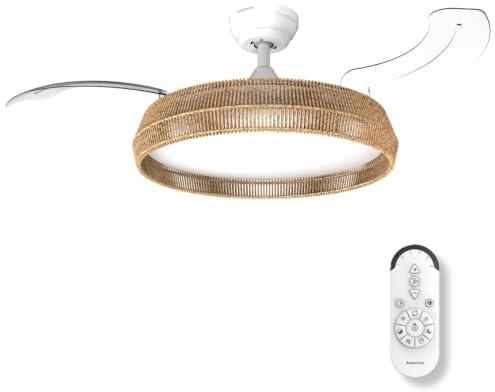 Taurus Ventilador de Techo con Aspas Retráctiles y Luz LED Regulable 36W | Motor DC Ultrasilencioso 30W | Ventilador de 107 cm con Pantalla de Cuerda y Acero | 6 Velocidades, Modo Invierno-Verano