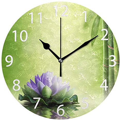 senya Zen Garden Theme Decor Purple Lotus Round Wall Clock, Silent Non Ticking Oil Painting Decorative for Home Office School Clock Art