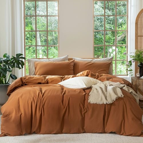 MooMee Bedding Duvet Cover Set 100% Washed Cotton Linen Like Textured Breathable Durable Soft Comfy (Solid Dark Orange, King 104x90)