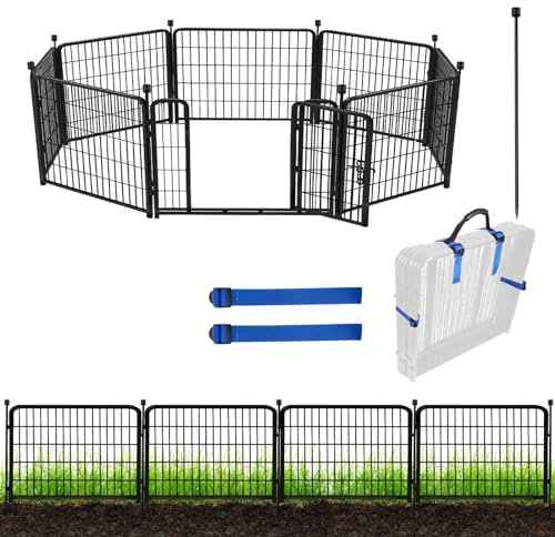 ADAVIN 24in(H) x 30in(W) Black Metal Garden Fence with Gate, 8 Panels, 19.7ft(L), Heavy Duty Iron, Animal Barrier, Dog Fence, Outdoor Yard, Temporary, No Dig Garden Border