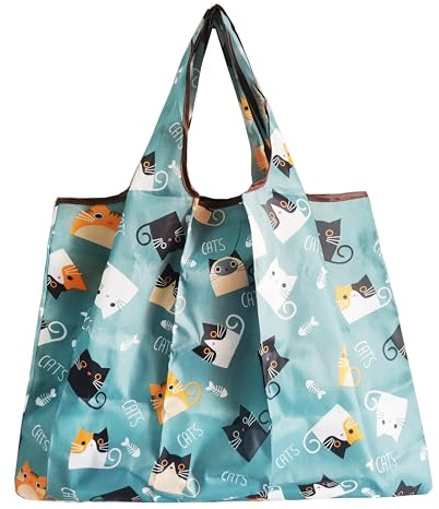 Lin's Liliana Borsa pieghevole grande, 50 x 66 cm, riutilizzabile, leggera, ad asciugatura rapida, resistente agli strappi, per la spesa, i viaggi, le escursioni, Gatto blu, 50 x 66 cm
