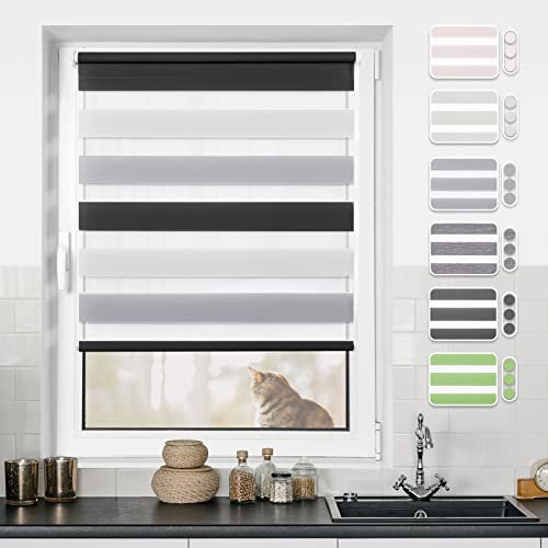 Doppelrollo Klemmfix ohne Bohren Rollos für Fenster ohne Bohren mit Bohren Weiß-grau-anthrazit B90 x H140cm -Stoffbreite 86cm Rollo Fensterrollo Klemmrollos Fensterrollo innen