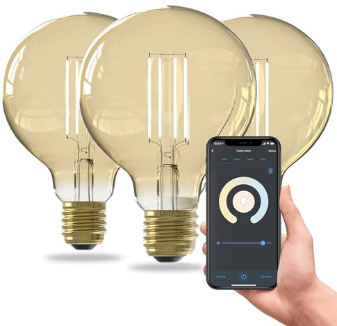 CALEX Lampadina LED Smart, E27, G95, Filamento Oro, luce calda, Dimmerabile, controllo app Wi-Fi & vocale, Confezione da 3