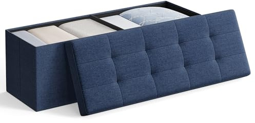 SONGMICS MAZIE Collection - Storage Ottoman Bench, 110 cm Folding Foot Rest Stool, End of Bed Bench, Easy Assembly, for Living Room, Bedroom, Entryway, Dark Blue LSF077Q52