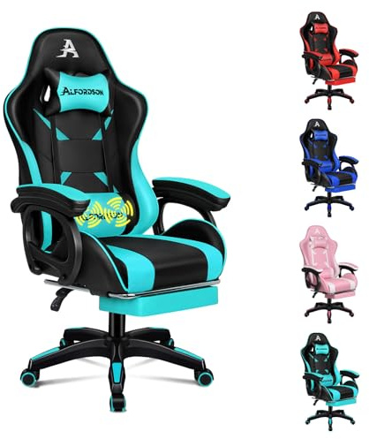ALFORDSON Chaise de Bureau, Chaise de Bureau avec Coussin Lombaire de Massage, ergonomisk schäslong med låsbara dockor, schäslong med repose-fötter, Hauteur Réglable, Cyan