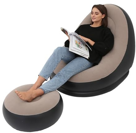 Leapiture Sedia Gonfiabile Air Chaise Lounge con Pouf per Giochi da Campeggio, Pausa Pranzo e Feste in Giardino - Goditi il Sole (Caffè)