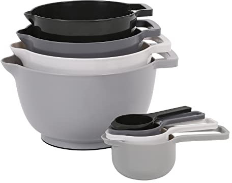 BoxedHome 8er-Set Rührschüssel,Grau Kunststoff Salatschüssel rutschfest, Multifunktionsmisch schüssel, Servierschalen für Küche 8-teiliges(4 Rührschüsseln mit 4 Messlöffel),Grau