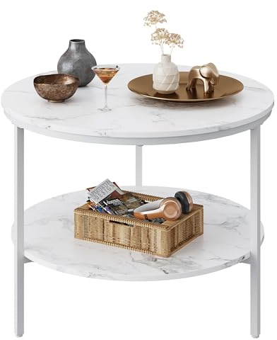 WLIVE Runder Couchtisch Weiß, Wohnzimmertisch Holz mit 2 Ebenen, Sofatisch mit viel Stauraum, für Wohnzimmer, Schlafzimmer, Modern Design (Couchtisch Rund, Marmor Weiß)