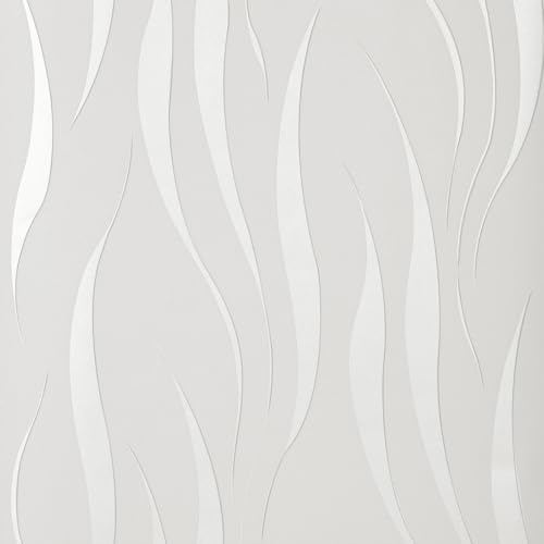 Baketron Cream White Wallpaper Non-Woven 3D Embossed Wallpaper White Glitter Wave Stripes Wall Paper Roll Feature Wave Stripe Modern Geometric Patterned for Living Room Bedroom Kitchen Hallway