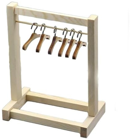 7 Pcs Wooden Mini Clothes Rack with 6pcs Hangers, Dolls House Accessories, Baby Wardrobe Wooden Clothes Rack for Doll Wardrobe, Dollhouse, Baby Doll Wardrobe