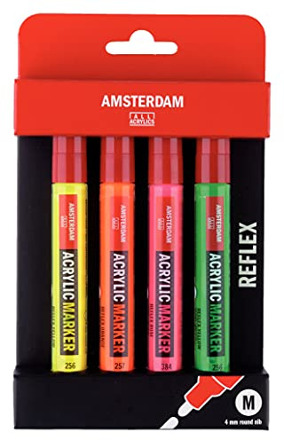 Amsterdam Acrylic Marker Set | Reflex Set of 4 Neon Colors | Multi-Purpose, Permanent Paint Markers with Medium Round Nib