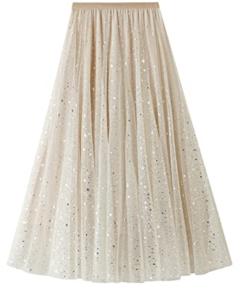 SotRong Glitzer Tüllrock Beige Damen Midi Überlagerter Mehrlagiger Elastischer Hoch Taillierter A Linien Tutu Rock Mesh-Chiffon-Faltenrock mit Blumendekoration