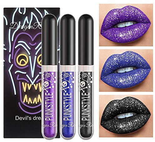 Lot de 3 rouges à lèvres liquides pailletés noir violet bleu brillant brillant brillant pour femme (set-D)