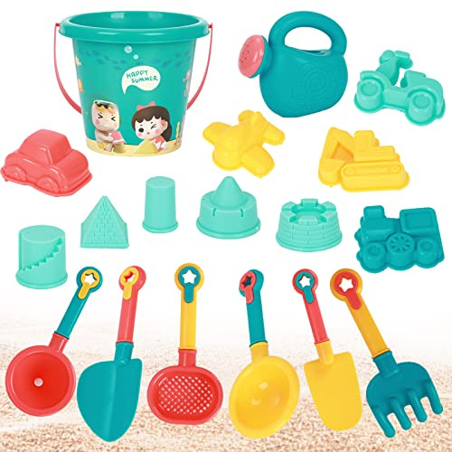 Gukasxi Beach Toys Set for Kids, 18 Pcs Sand Toys with Buckets, Watering Cans, Shovels, Rakes, Castle, Digger, Car Molds and Reusable Mesh Bag, Outdoor Fun Sand Tools for Toddler Children Boys Girls