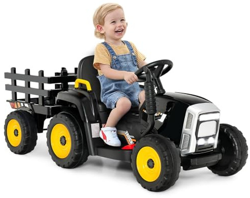 Maxmass 12V Kids Ride on Tractor and Trailer, Battery Powered Electric Vehicle with Remote Control, LED Lights, Music, Horn, USB, Bluetooth, Construction Car Toy for 3+ Boys Girls (Black)